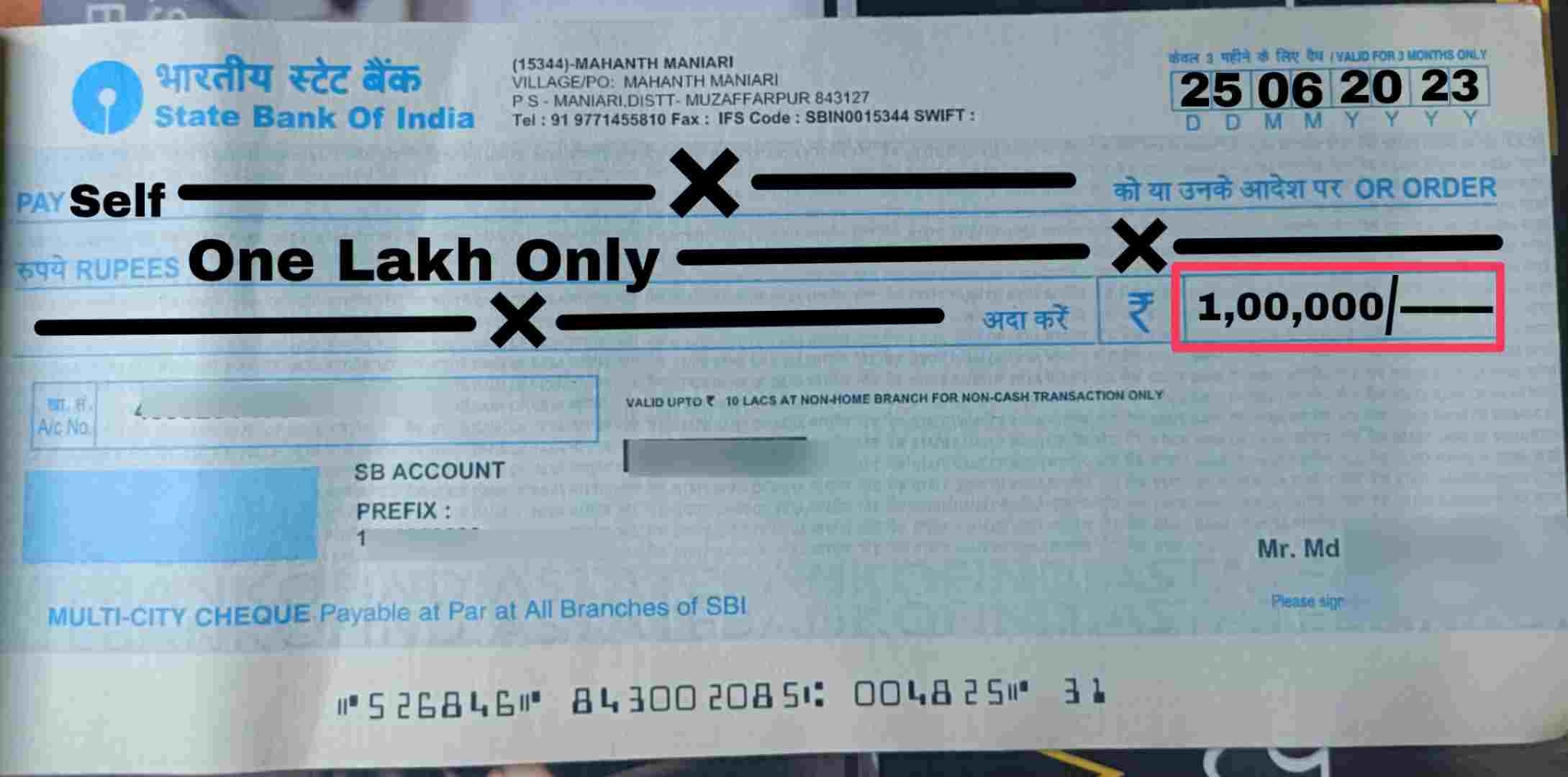 One Lakh check amount